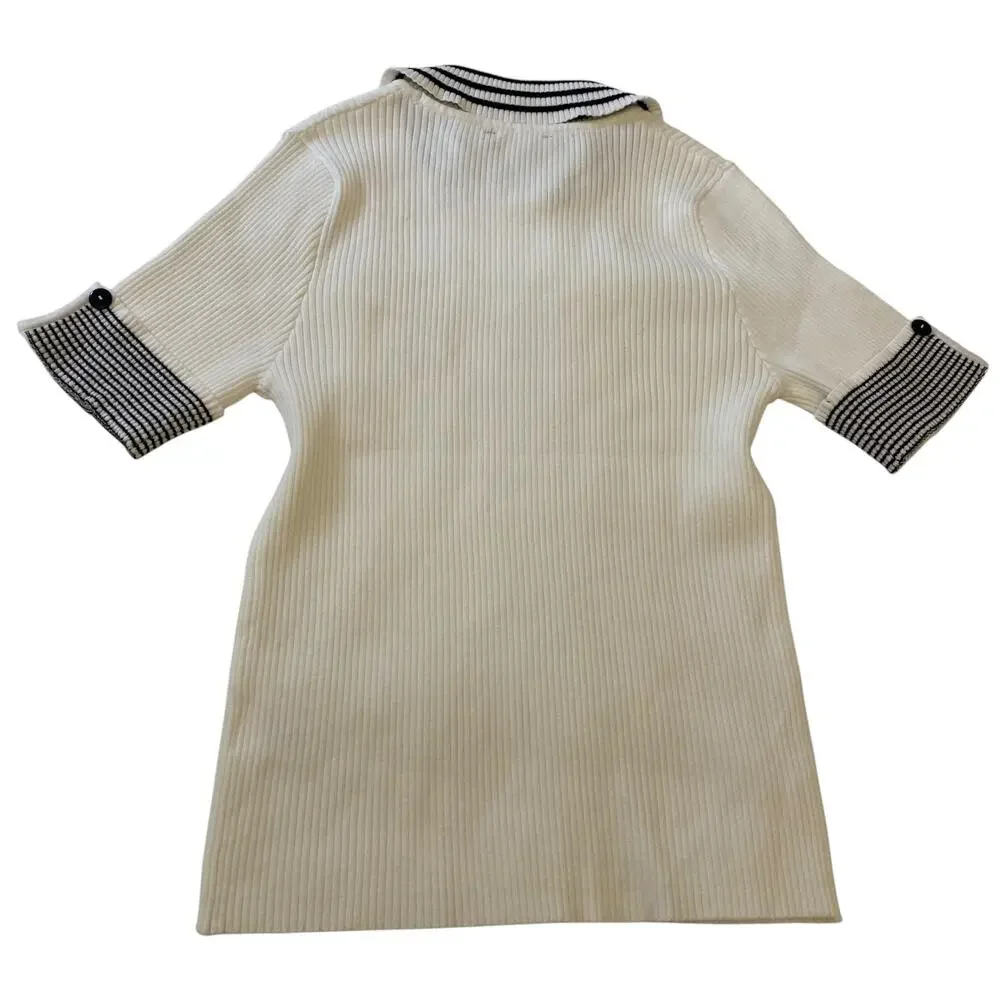Women's Sz Medium Calligraphie Collared Short Sleeve Fitted Black/White Sweater